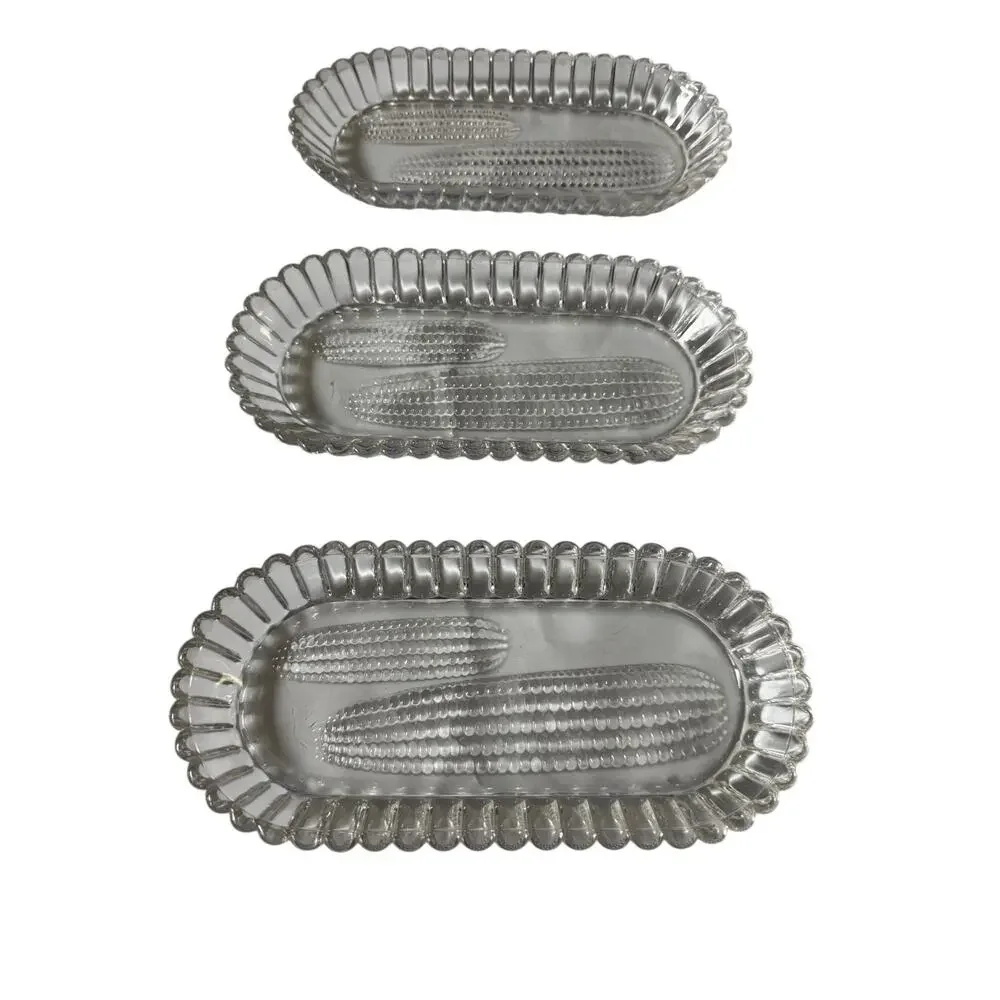 Vintage Pressed Glass Corn on the Cob Trays‎ Set of 3 Clear Ribbed Edge Retro